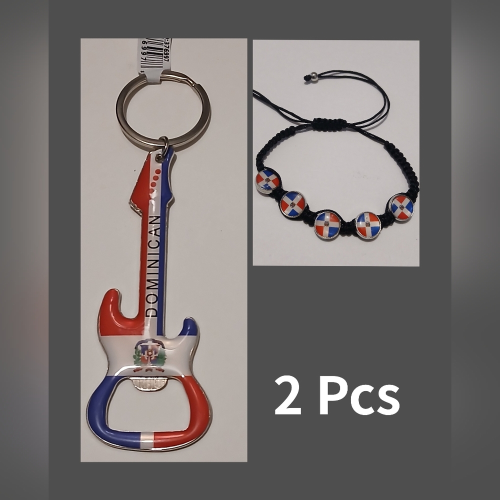 Handmade 🇩🇴 Flag  Black Adjustable Bracelet Dominican Rep & Key Holder 2 Pcs